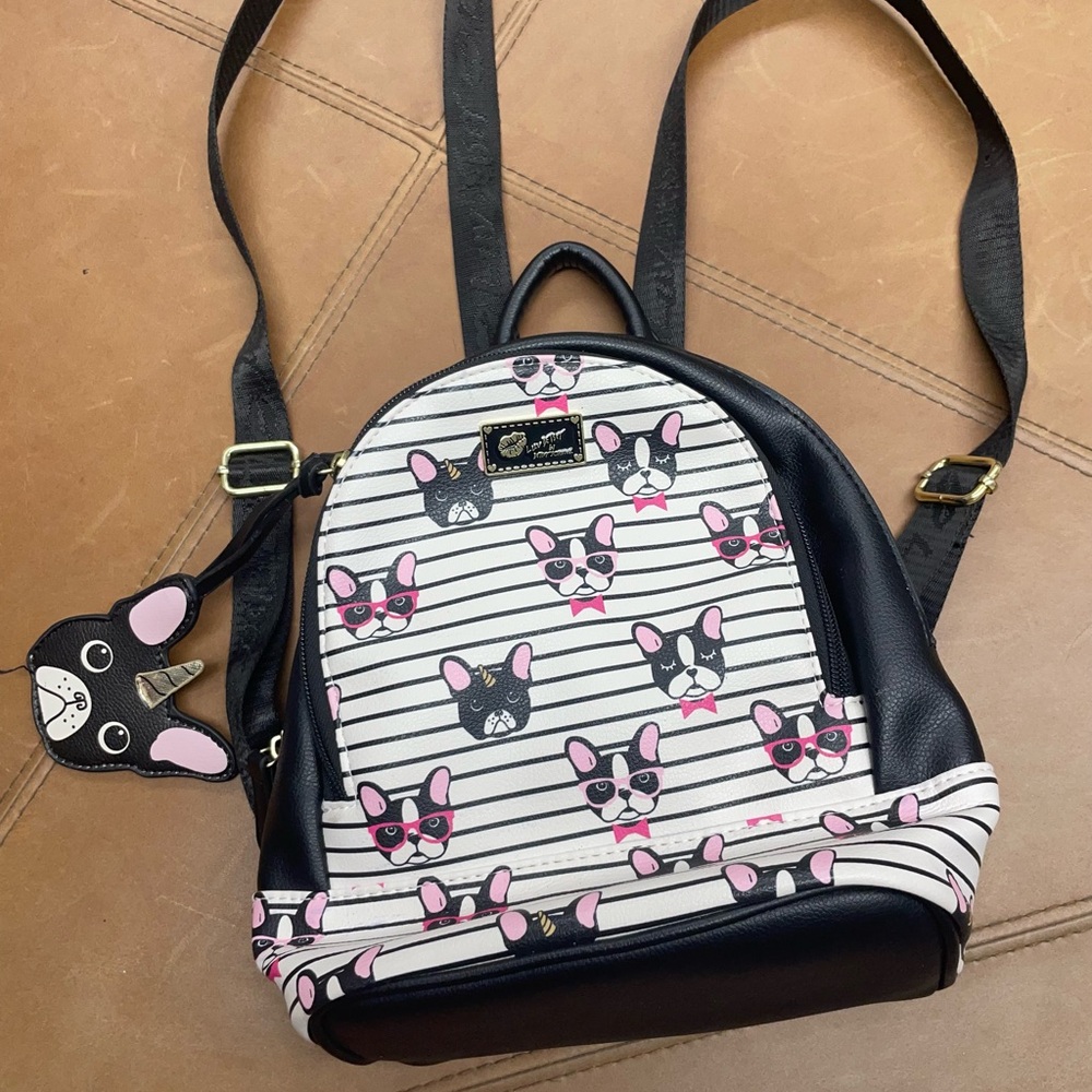 Betsy Johnson Black and Pink Butterfly Stripe Backpack Purse